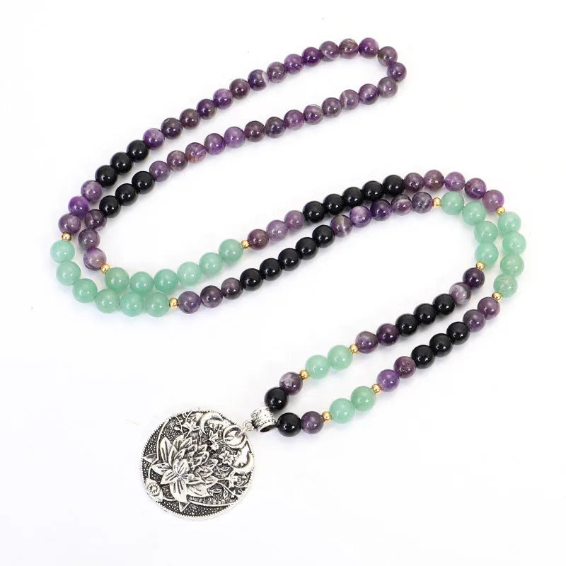 Yoga lotus pendant necklace with matching bracelet, handmade stone beads, geometric design, adjustable length