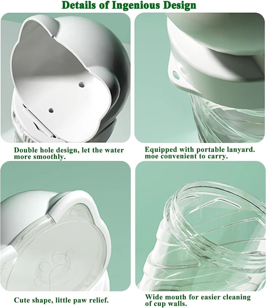 Green, pink, or white 3-in-1 portable pet water bottle with attached strap, food container, and bag dispenser.
