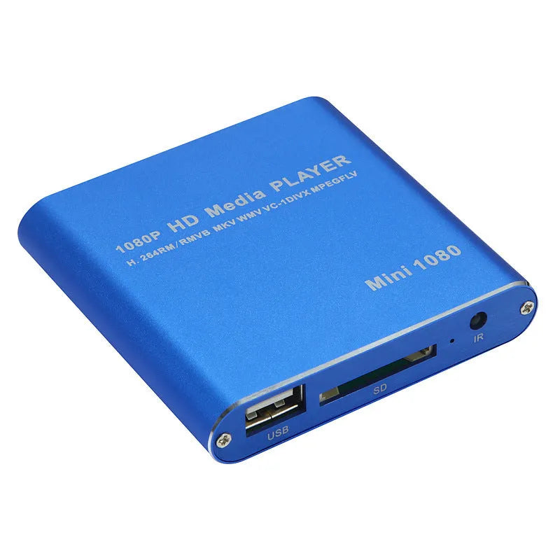 Compact black or blue 1080P HDMI media player with USB and SD card ports.