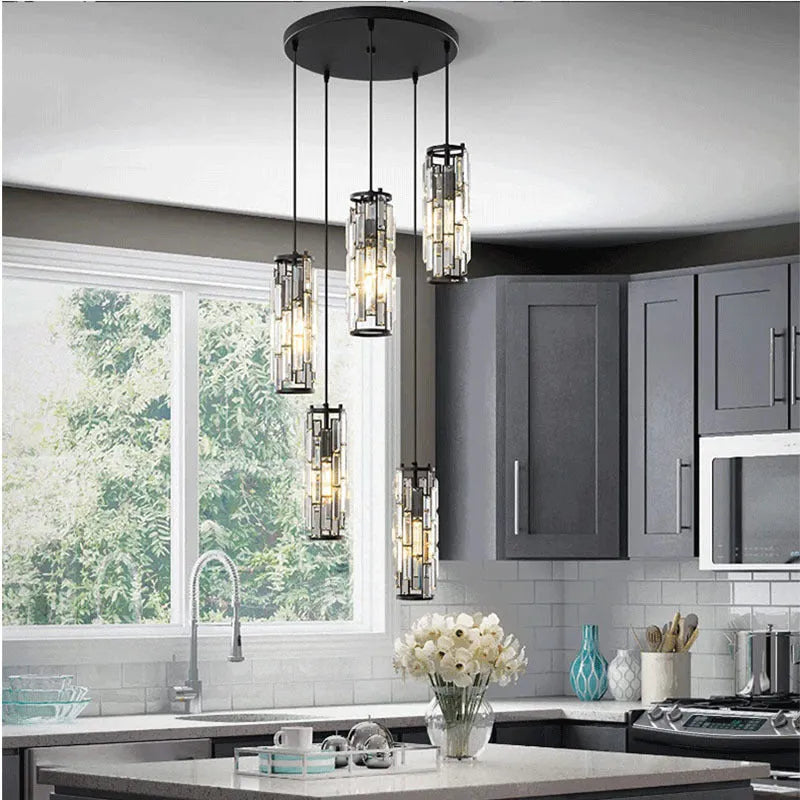 Industrial style single head LED droplight with crystal detailing in black, gold, or chrome finish