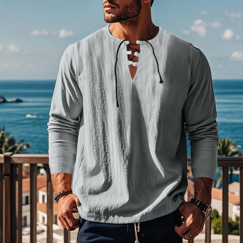 Men's solid colour cotton linen beach shirt in loose fit pullover style