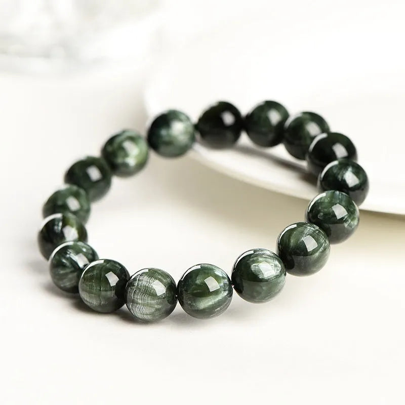 Natural green dragon crystal bracelet with 8-9mm round beads and ruyi geometric design