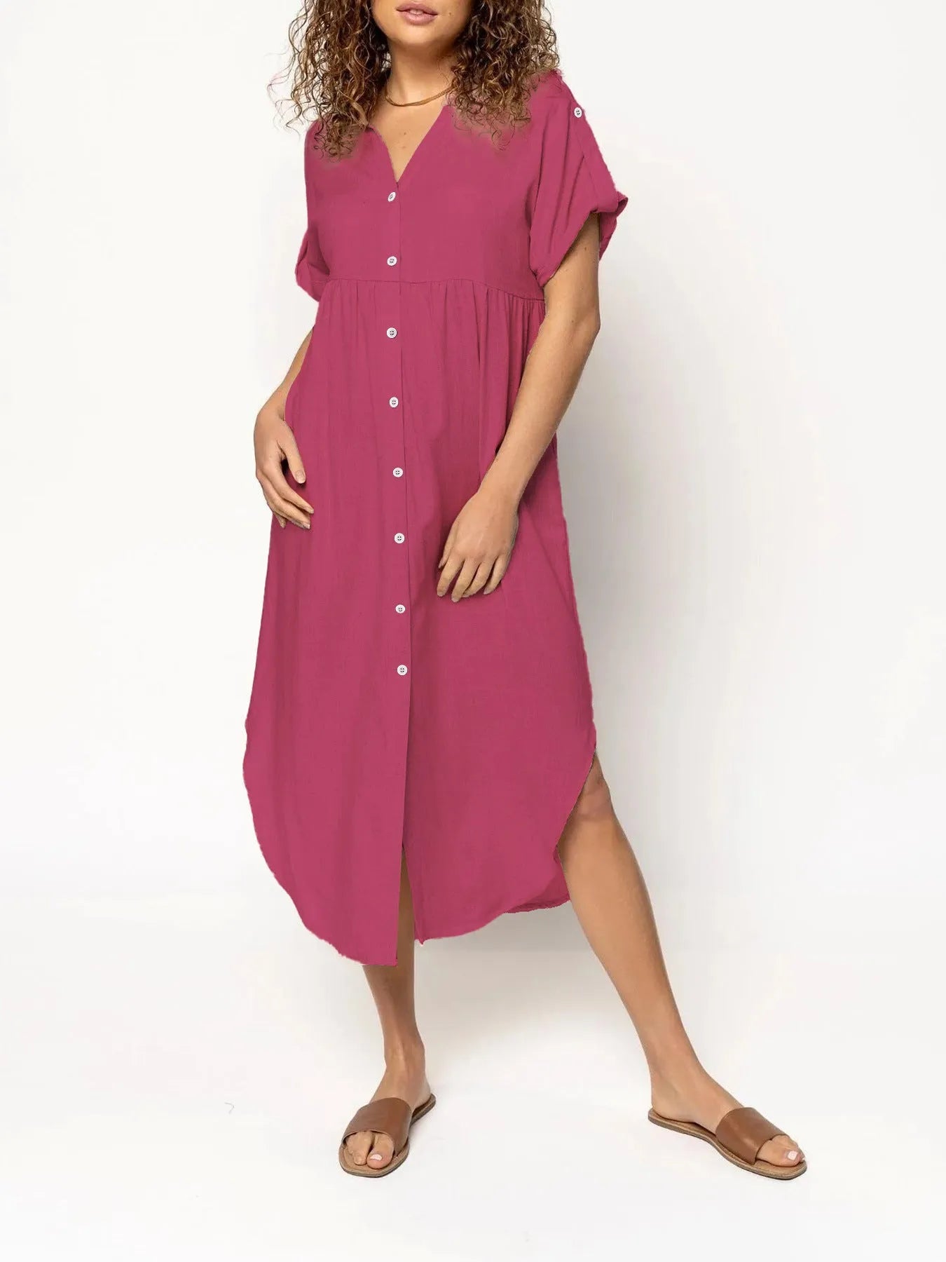 Button-front mid-length casual dress in loose fit available in multiple solid colours