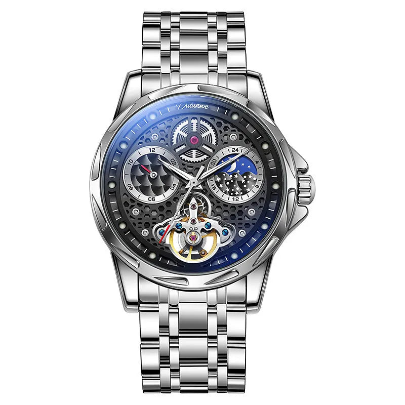 Men's automatic watch with luminous hands on a steel bracelet, black dial, and waterproof case.