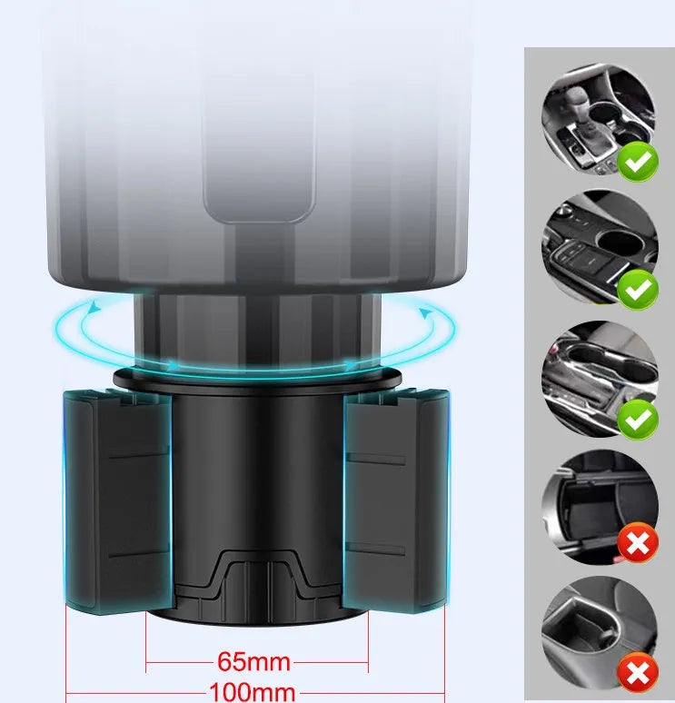 Matte black adjustable car cup holder expander for oversized water bottles and travel cups.