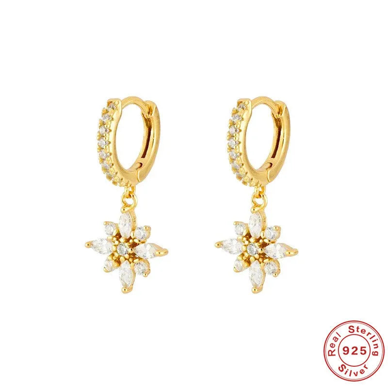 S925 sterling silver geometric snowflake earrings with gemstone inlays in gold colour options