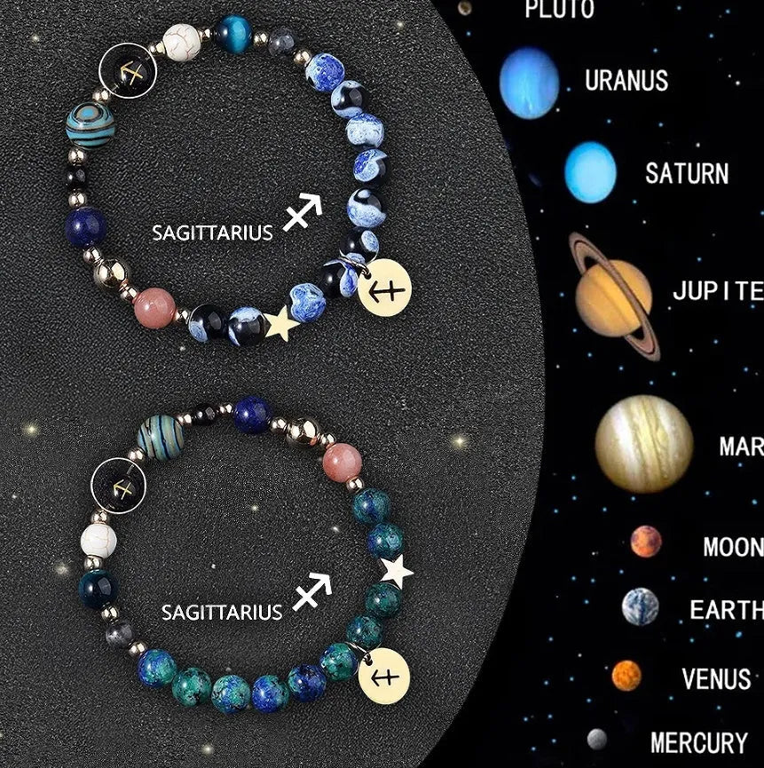 Zodiac sign bracelet with natural stone beads on elastic cord, adjustable astrology jewellery