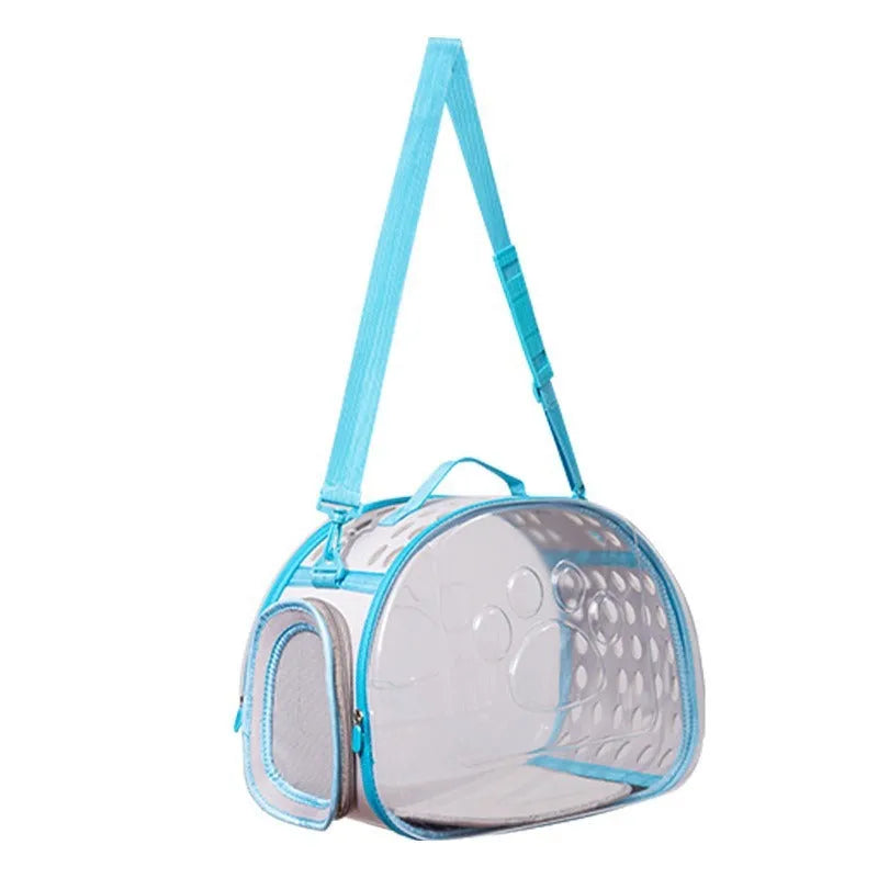 Transparent hard-shell cat backpack carrier showing interior space with colour options