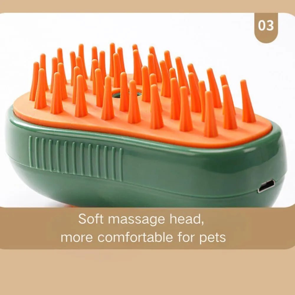 Green and white cat steam brush with water reservoir and silicone grooming teeth