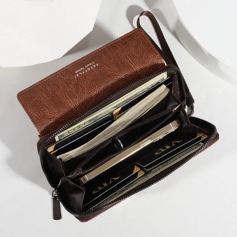 Long men's bifold wallet in PU leather showing multiple card slots and compartments.