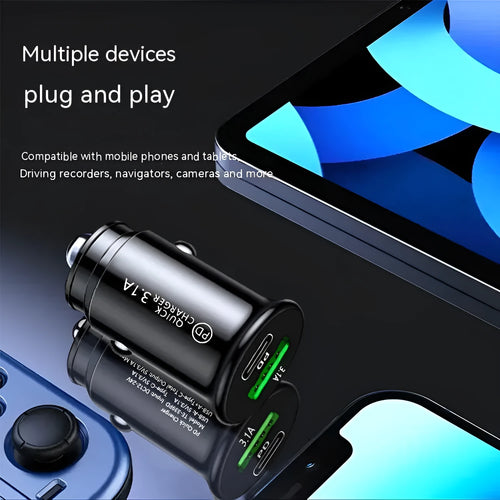 Dual port car charger converter in black or white bare metal with USB charging ports
