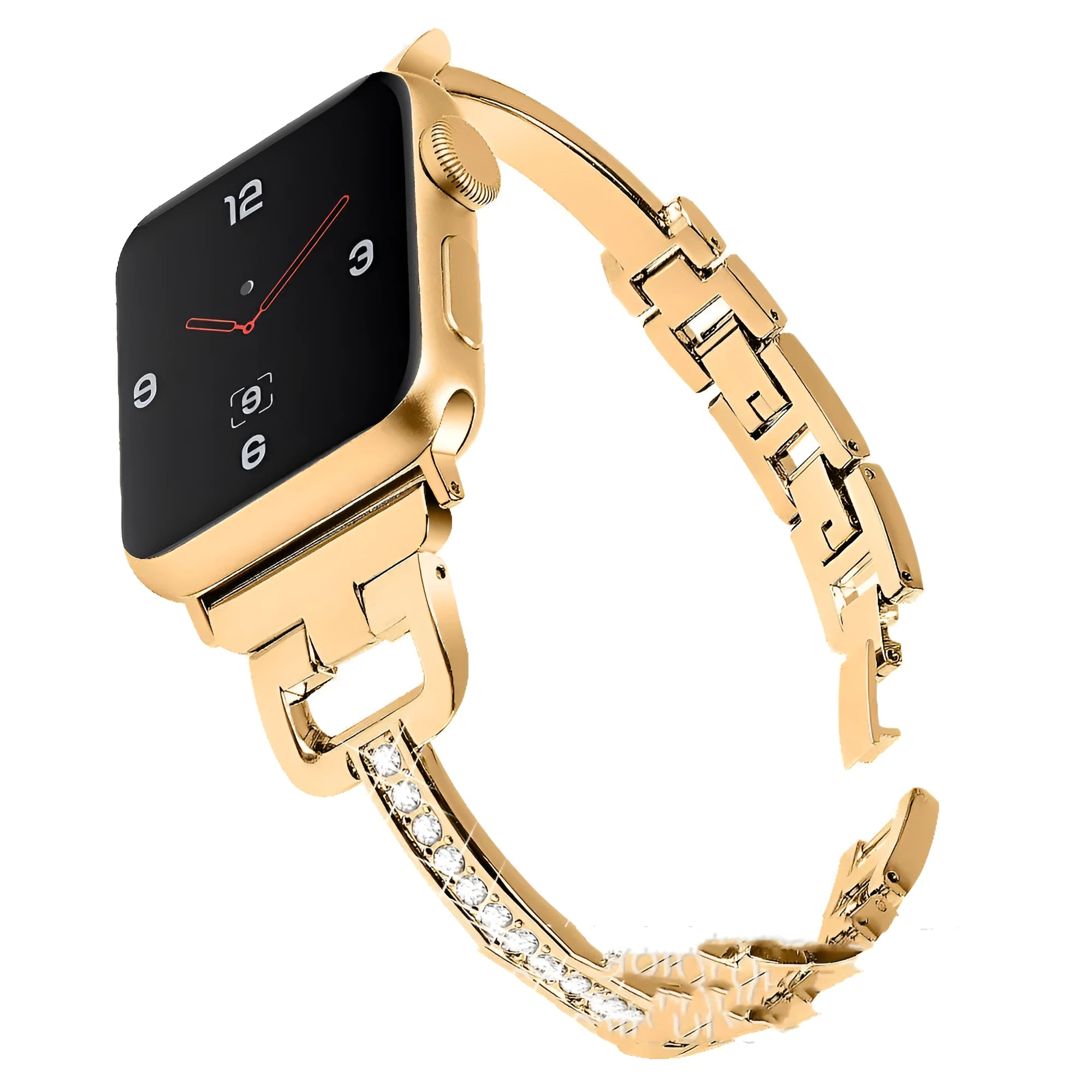 Smart watch with D-shaped metal diamond-patterned strap compatible with Apple Watch