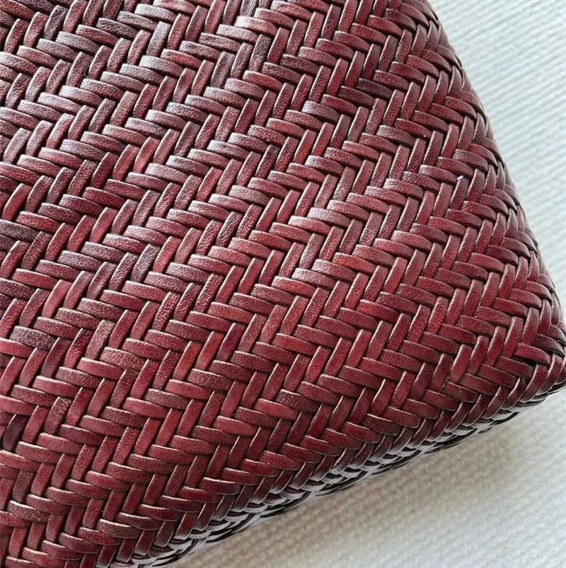 Brown handmade woven tote bag with vintage style and three-dimensional pocket design