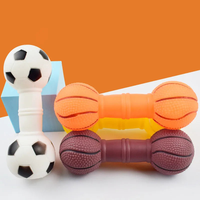 Football dumbbell shaped dog squeaky chew toy in PVC material showing brown, orange, white and yellow colour options