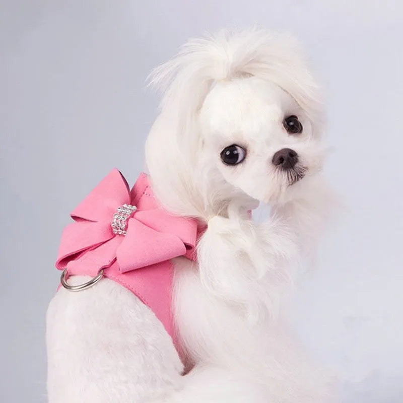 Cute bowknot puppy chest strap harness in microfiber available in pink, blue, orange colours