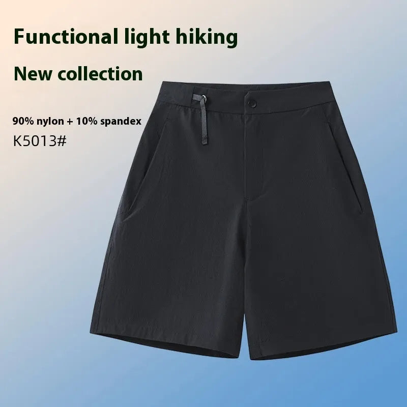 Men's quick-drying nylon spandex sports shorts in khaki colour with elastic waist and 3D cut design.