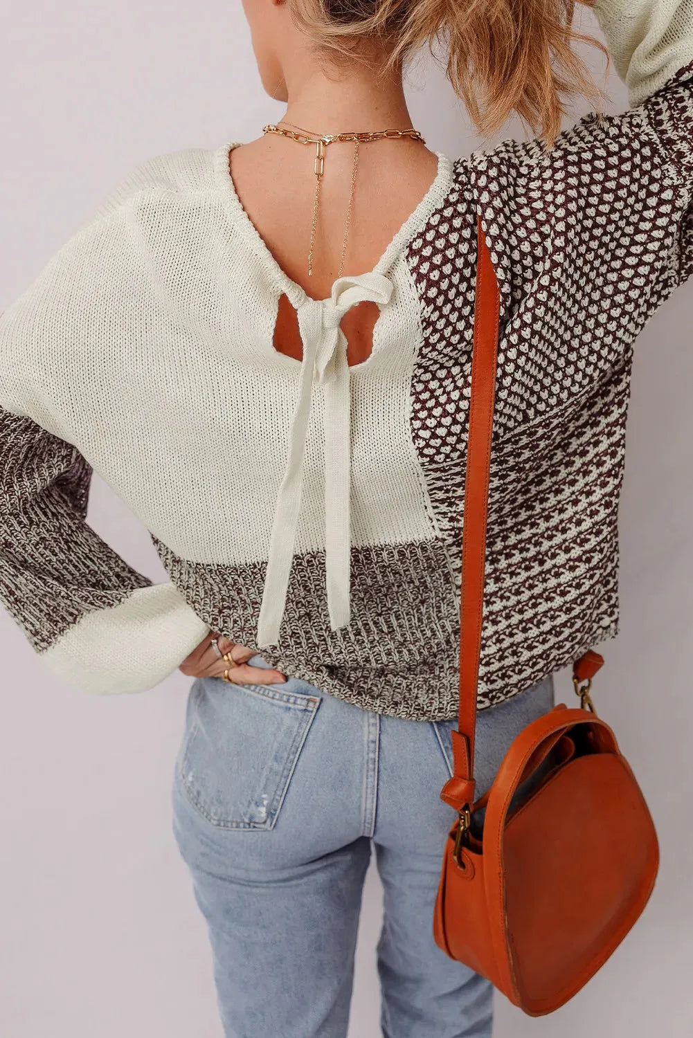 Dark khaki colour block loose knit sweater with drop shoulders and back tie detail