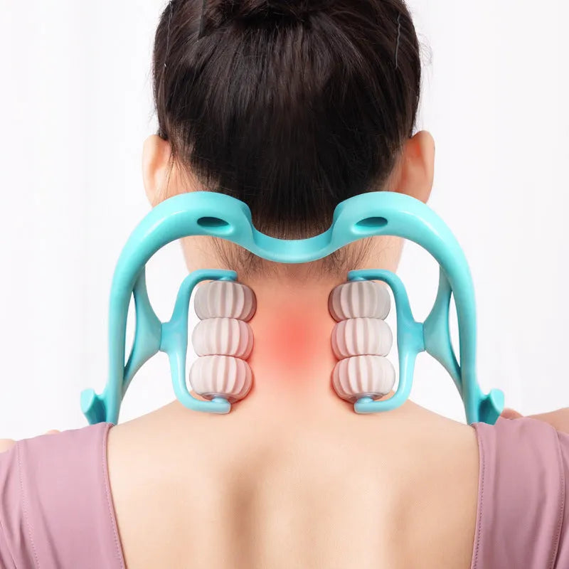 Blue plastic handheld massager with six rotating wheels for shoulder neck and waist relief