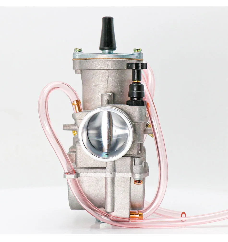 Sandblasted PWK motorcycle carburetor kit with size options from 21mm to 34mm bore.