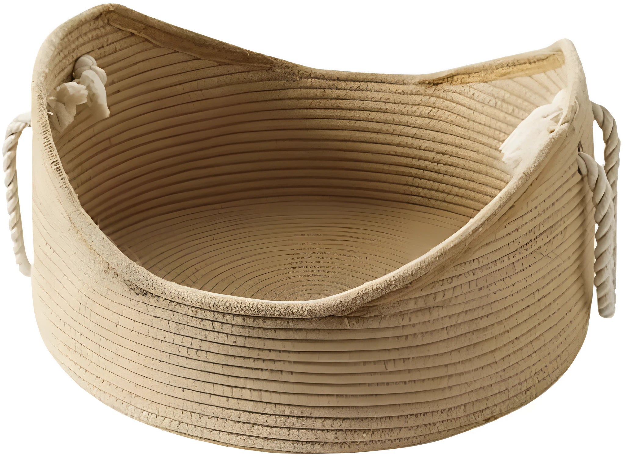A rectangular wicker cat bed basket with a corrugated cardboard scratching surface on its side.