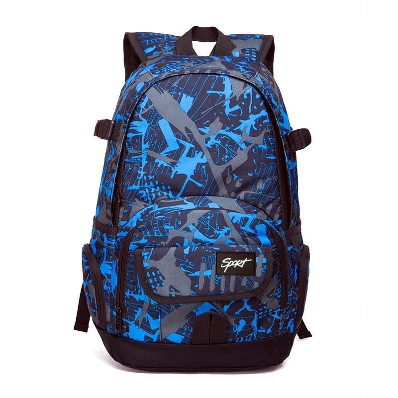Classic blue nylon backpack with large capacity for travel and school use
