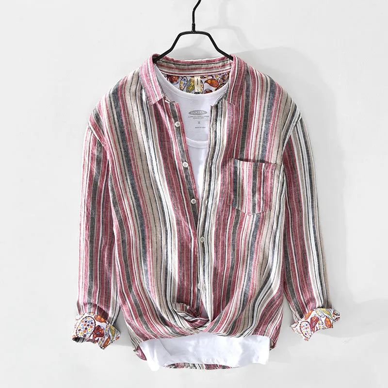 Men's loose fit striped linen shirt in red, shown on a model.