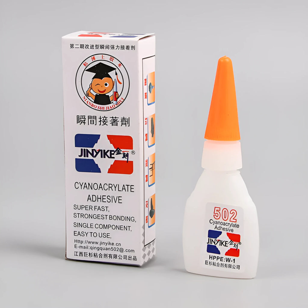 Instant strong shoe repair adhesive in 3G and 8G sizes with application tool
