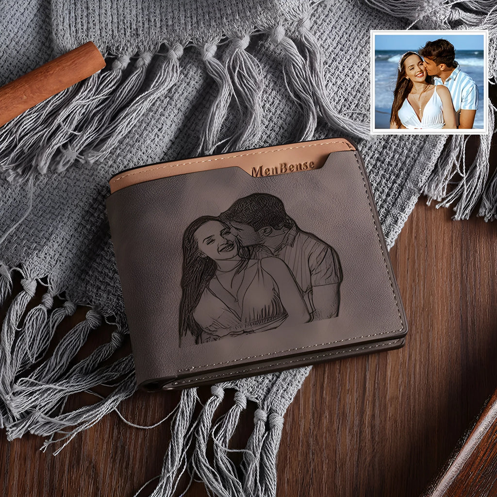 Coffee coloured engraved horizontal short wallet with photo personalisation