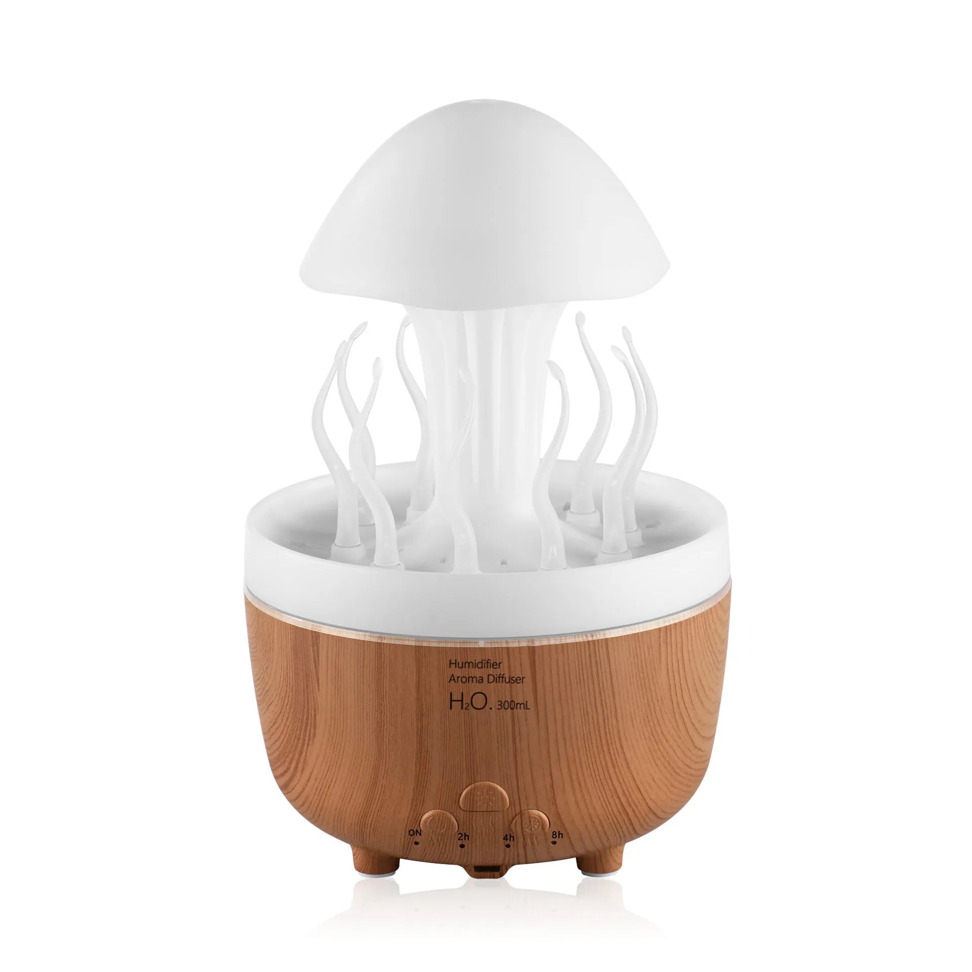 Rotating water drop column-shaped aroma diffuser and night lamp in a light wood grain finish.