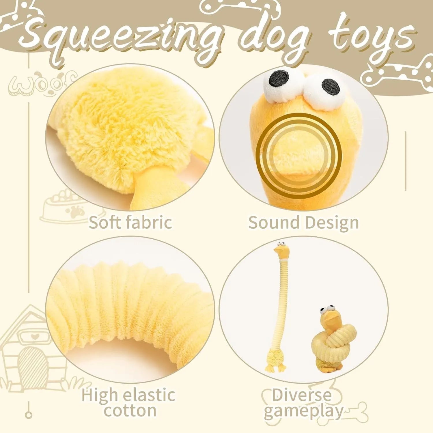 Plush stuffed dog toy with brown, gray or yellow colour options featuring crinkle and squeaker elements