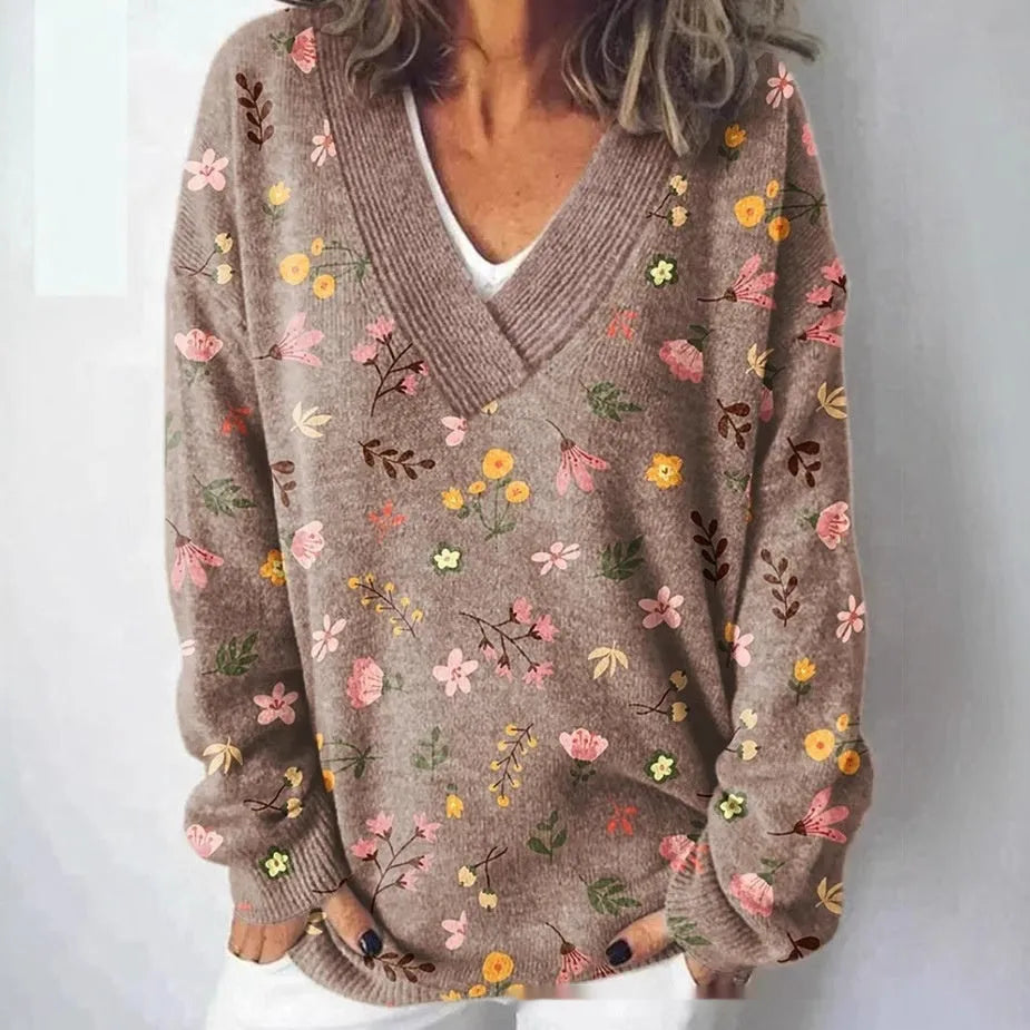 Women's V-neck floral print sweatshirt with long sleeves in wool woven fabric.