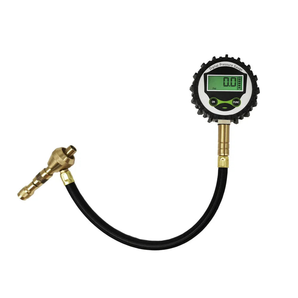Mechanical off-road vehicle tyre pressure gauge with metal body and rubber shell, showing pressure dial.