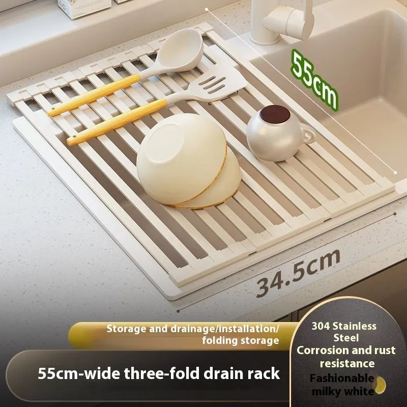 Foldable stainless steel kitchen draining rack in milky white finish showing tri-fold mechanism