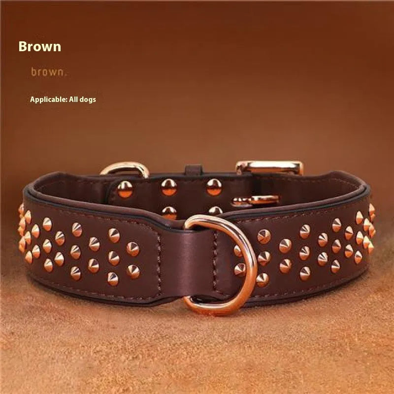 Leather dog collar with flat metal rivets in black, chocolate or pink for bite protection