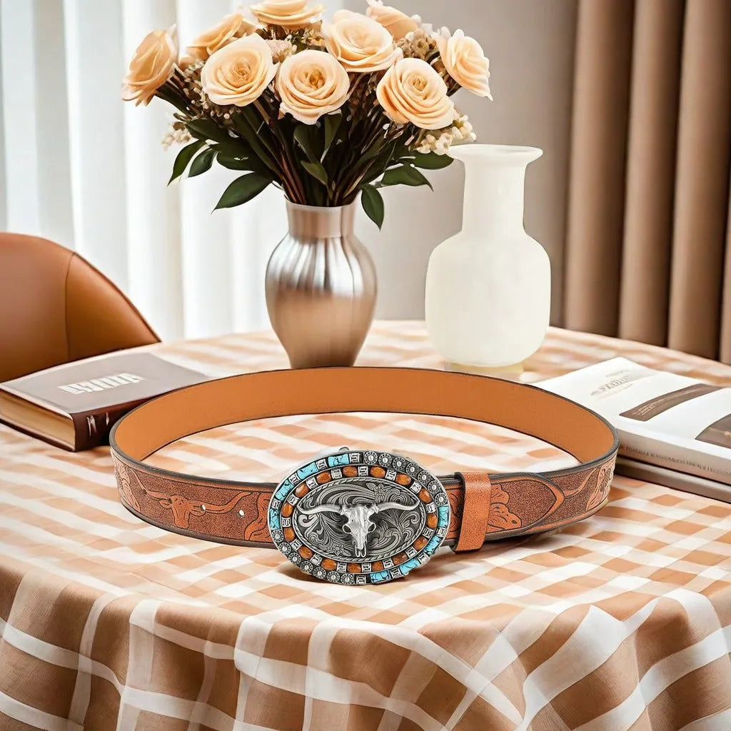 Men's brown belt with detailed cow head alloy buckle and imitation leather strap showing pin buckle closure
