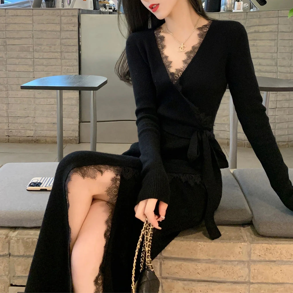 Black slim fit woolen skirt with princess dress styling on dress form