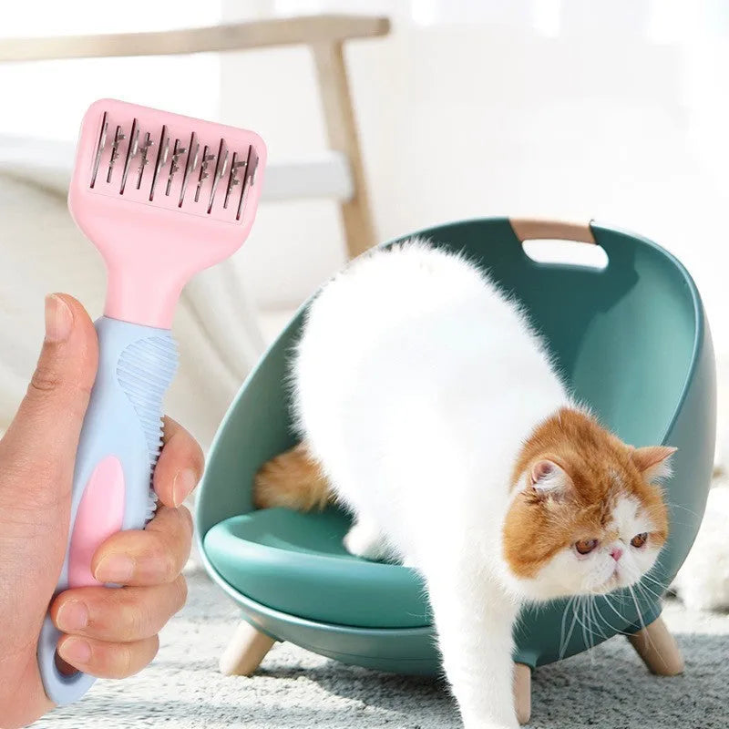 170mm stainless steel pet grooming comb in pink colour with detangling blades