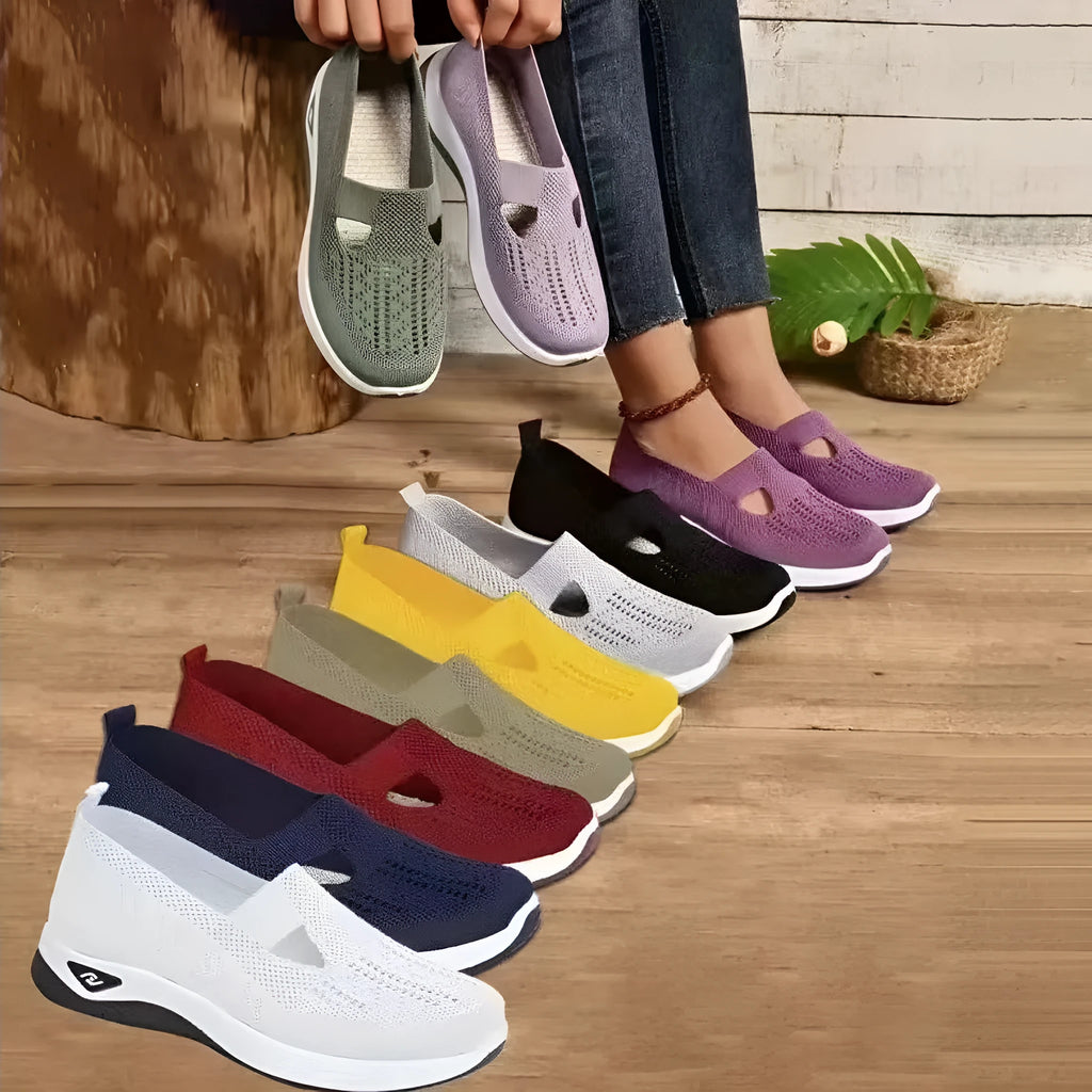 Women's casual mesh shoes with T-strap design and soft PVC soles in light purple colour