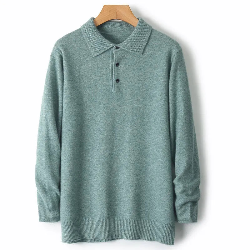 Men's grey wool blend pullover sweater with a polo collar and long sleeves laid flat