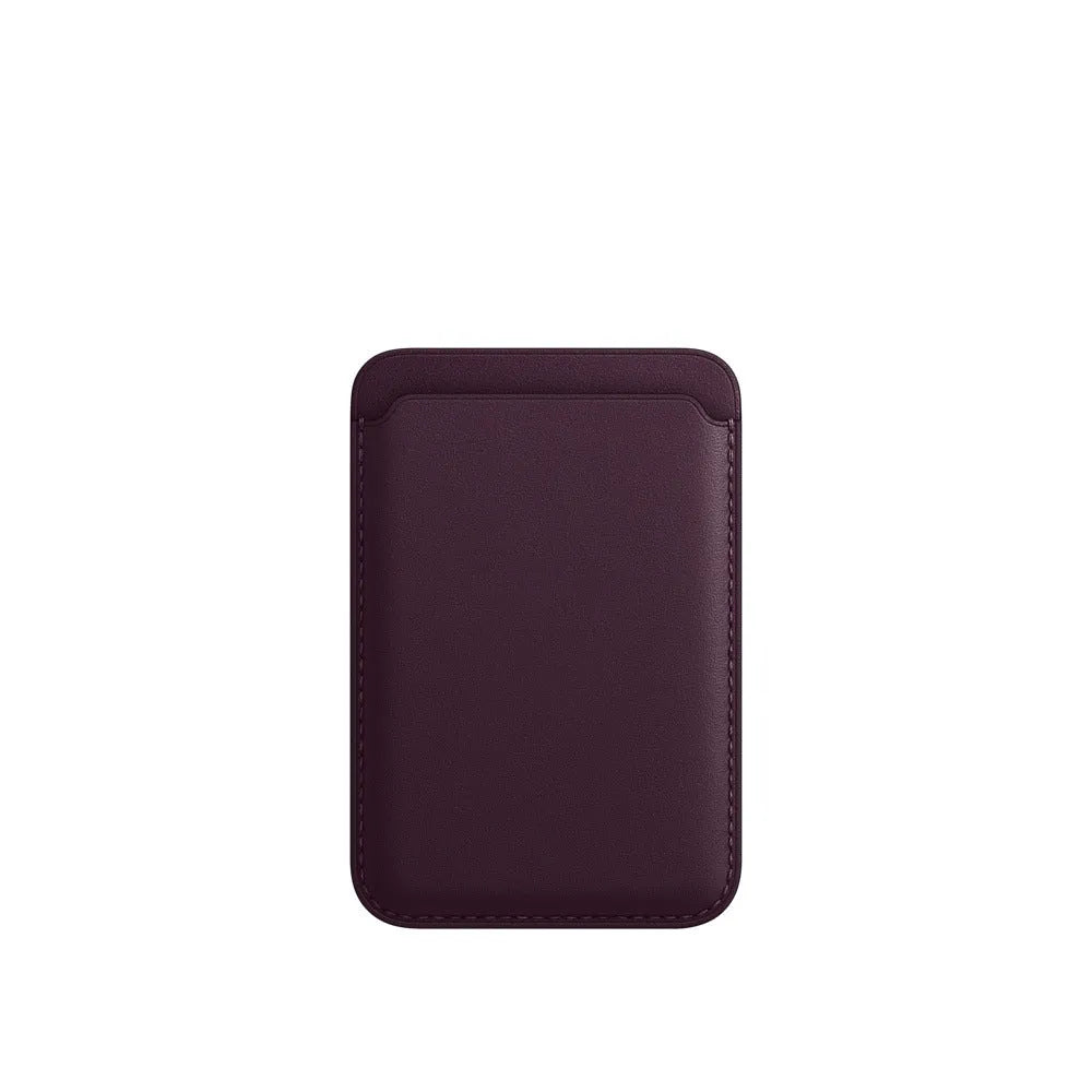 Black PU leather magnetic card holder case attached to the back of an iPhone