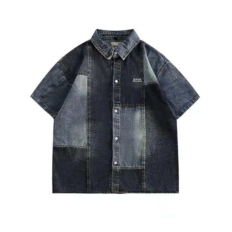 Blue Japanese-style retro denim shirt with washed stitching in loose cardigan cut for men