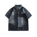 Blue Japanese-style retro denim shirt with washed stitching in loose cardigan cut for men