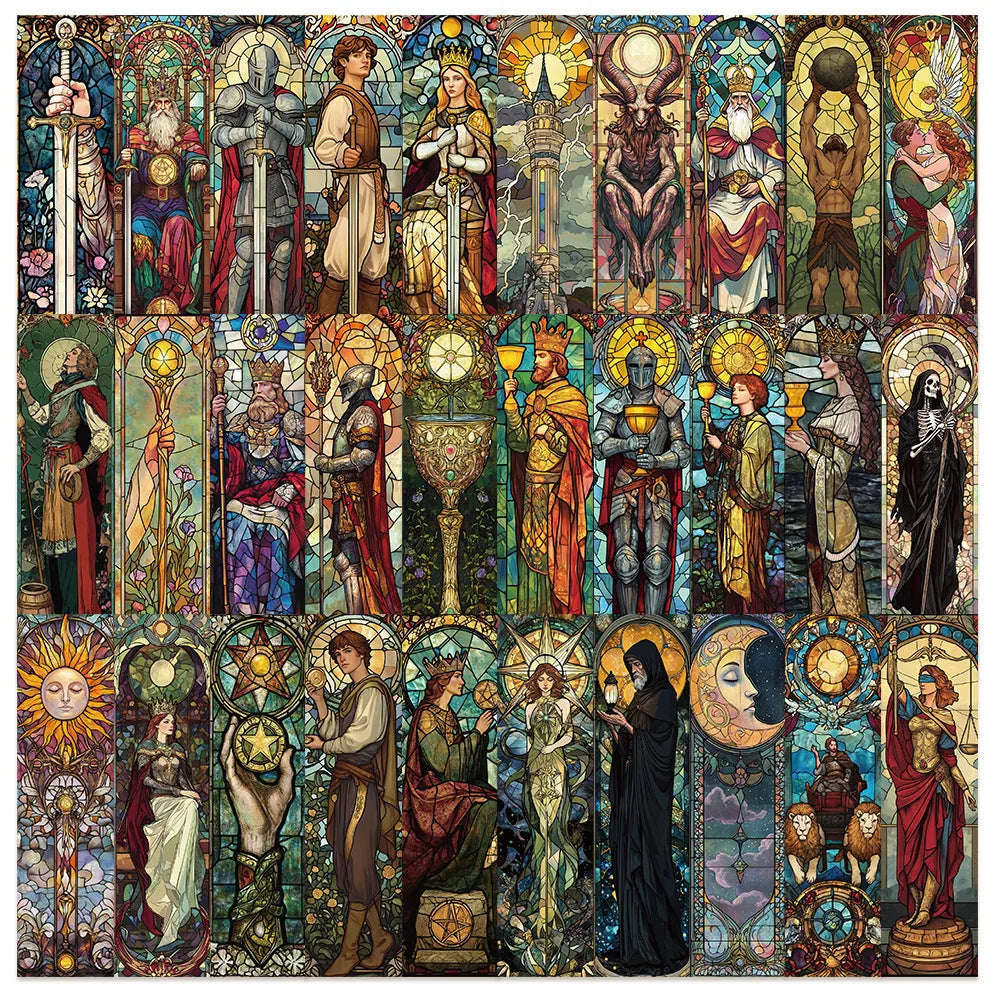 Pack of 30 tarot-themed paper bookmarks with painted glass style artwork.