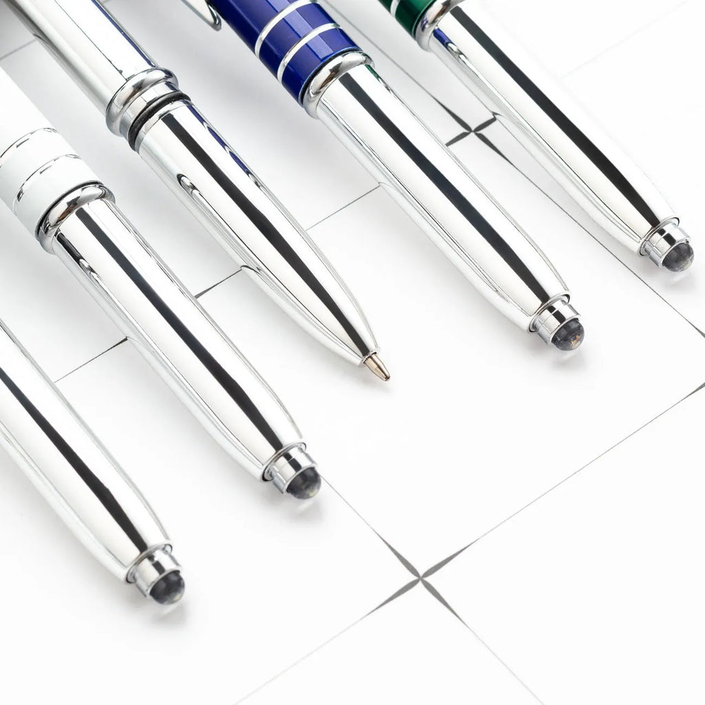 Red metal multifunctional pen with capacitive stylus tip, ballpoint, and LED light