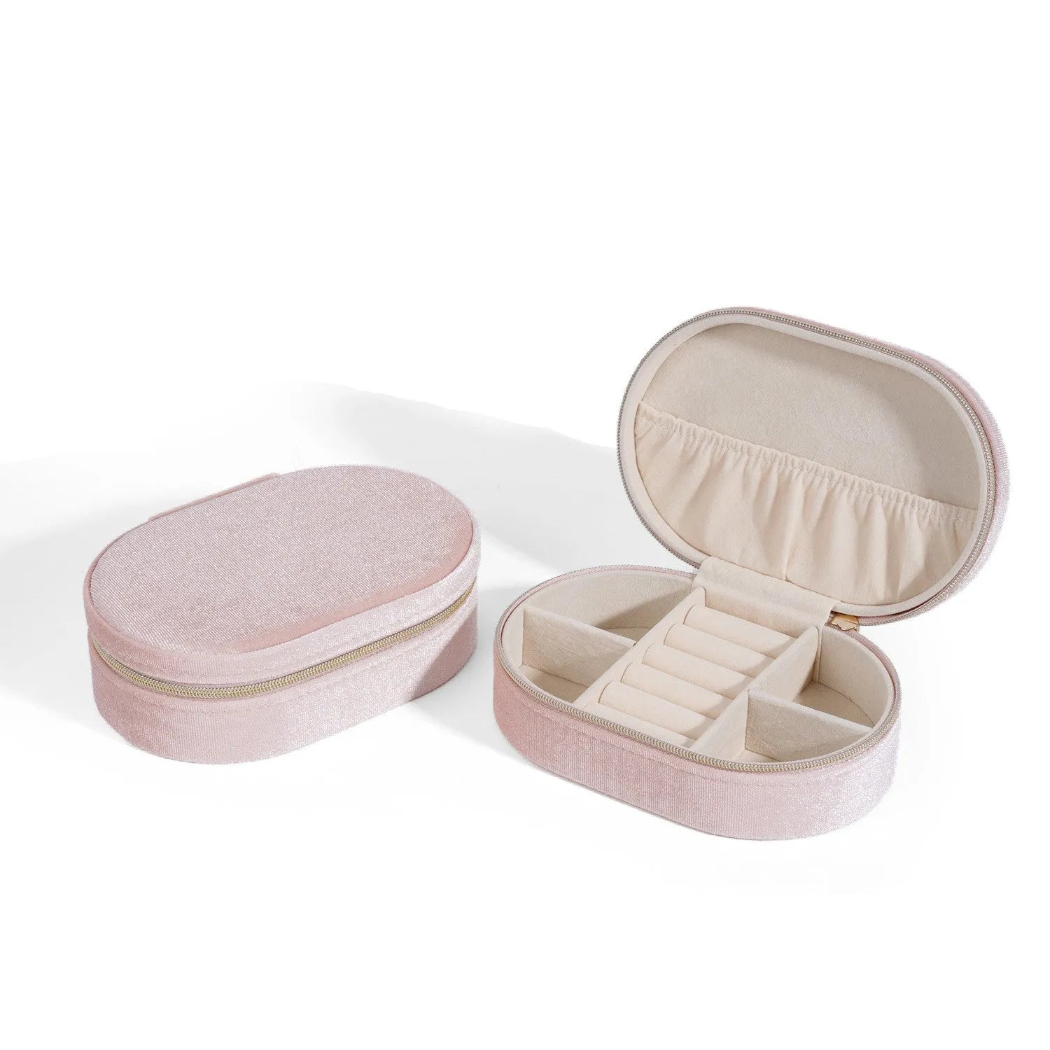 Oval velvet jewellery storage box in lake blue colour with flannel-lined interior compartments