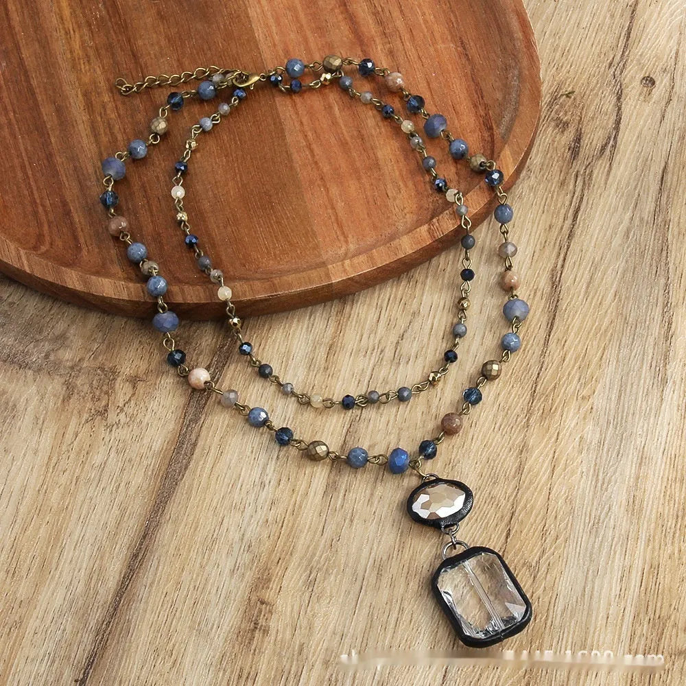 Tribal style two-layer necklace with stone and glass pendant on adjustable chain