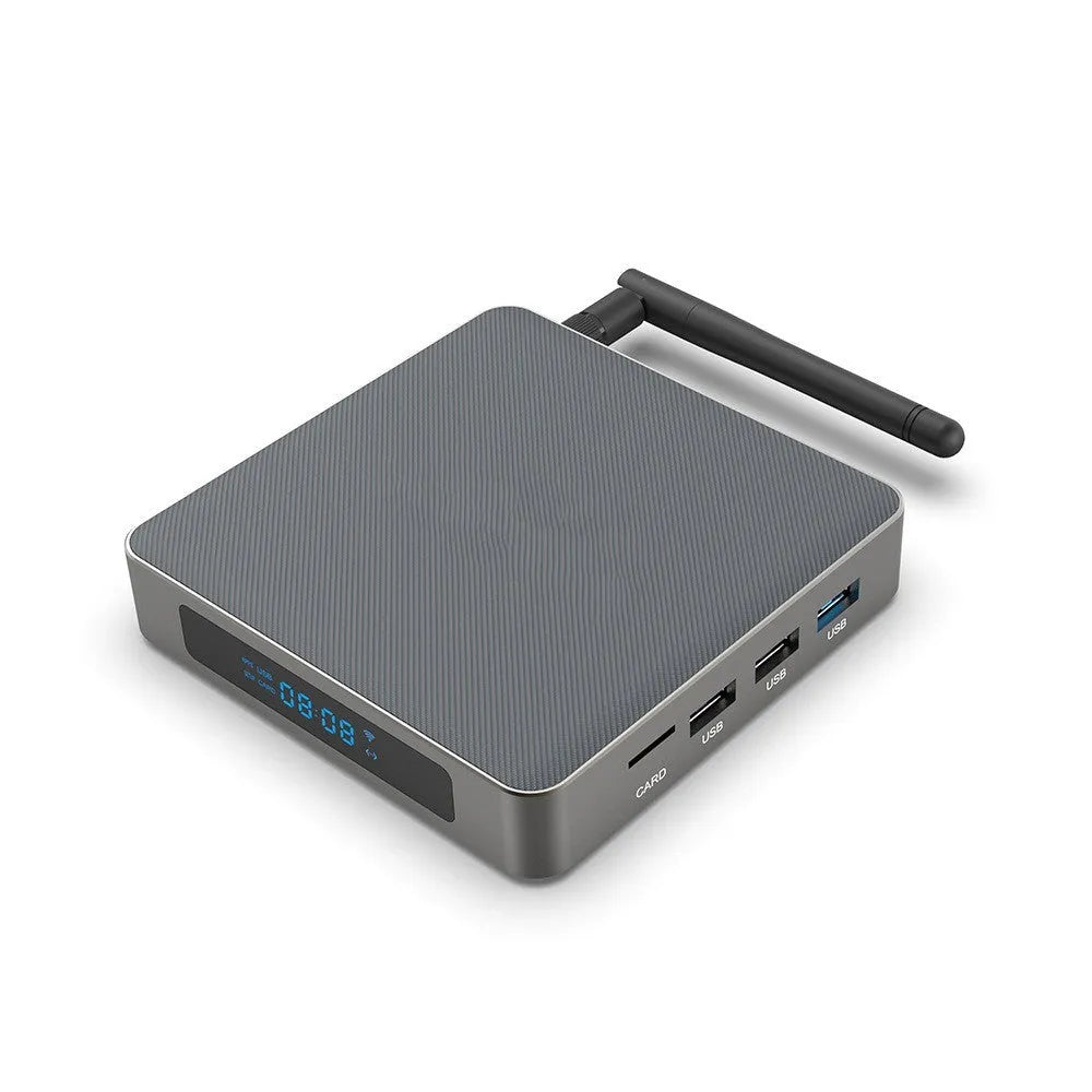Android 8K TV set-top box with remote control, HDMI cable, and power supply on a white background.