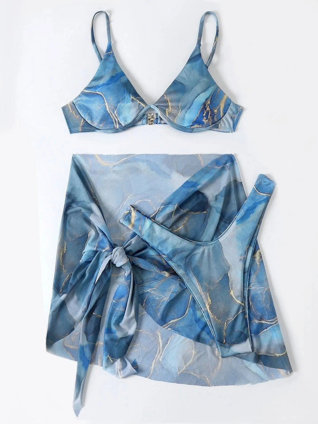 Women's marble print three-piece bikini swimwear set showing bra, skirt, and panties