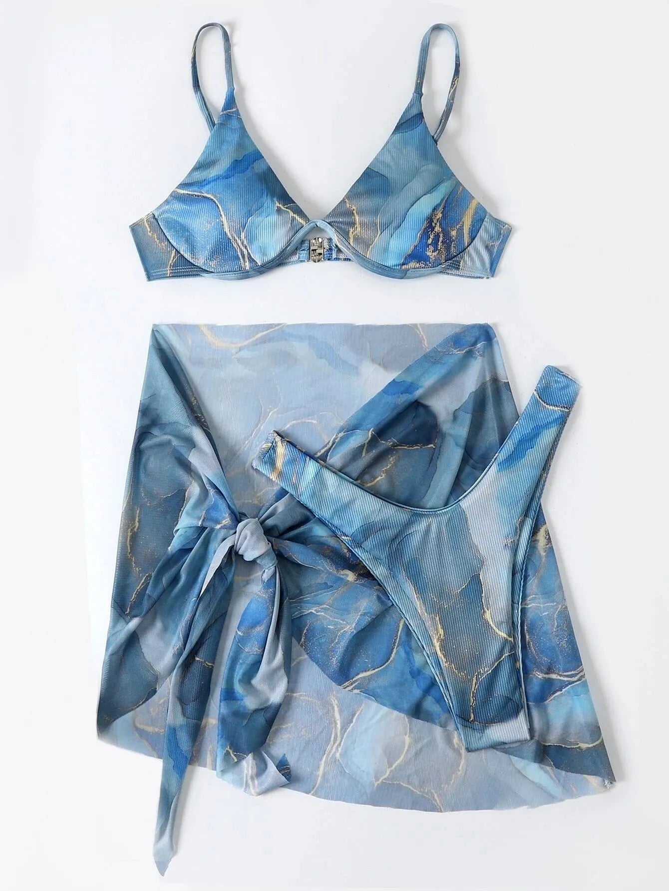 Women's marble print three-piece bikini swimwear set showing bra, skirt, and panties