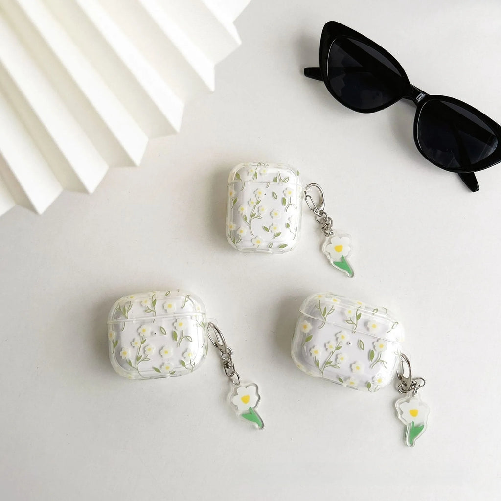 White floral pattern TPU protective case for Apple AirPods on transparent background